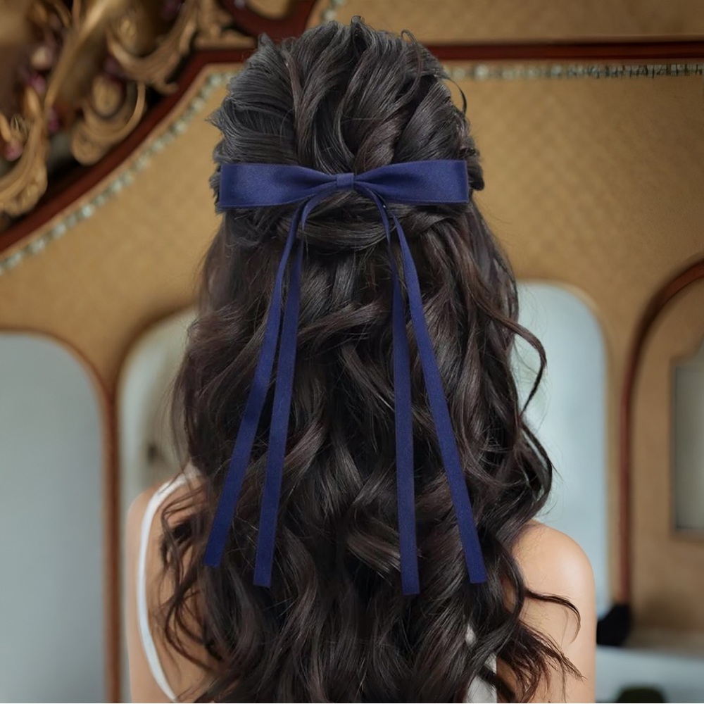 Navy Blue Silky Satin Hair Bow Ribbon  Clip on Bow All Occasions cottagecore